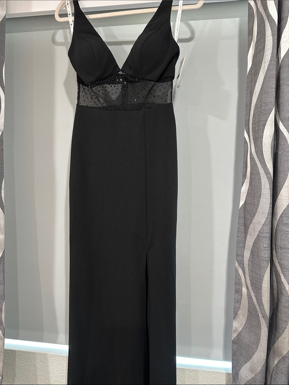 Elegant Black Maxi Dress with Sheer Polka-Dot Waist